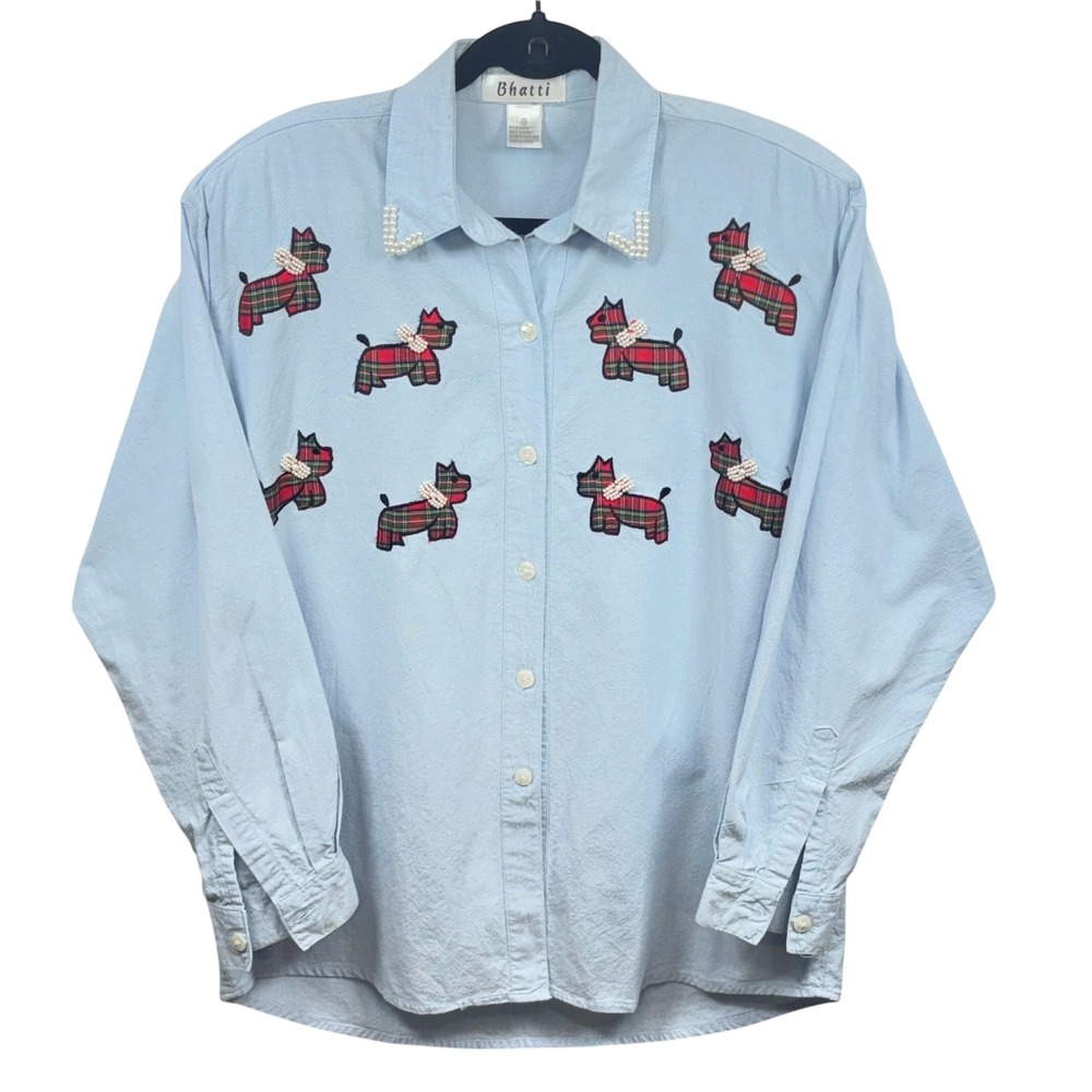Tartan Scottie Dog Shirt Blue Button Down Preppy Old Money Novelty Plaid Women M